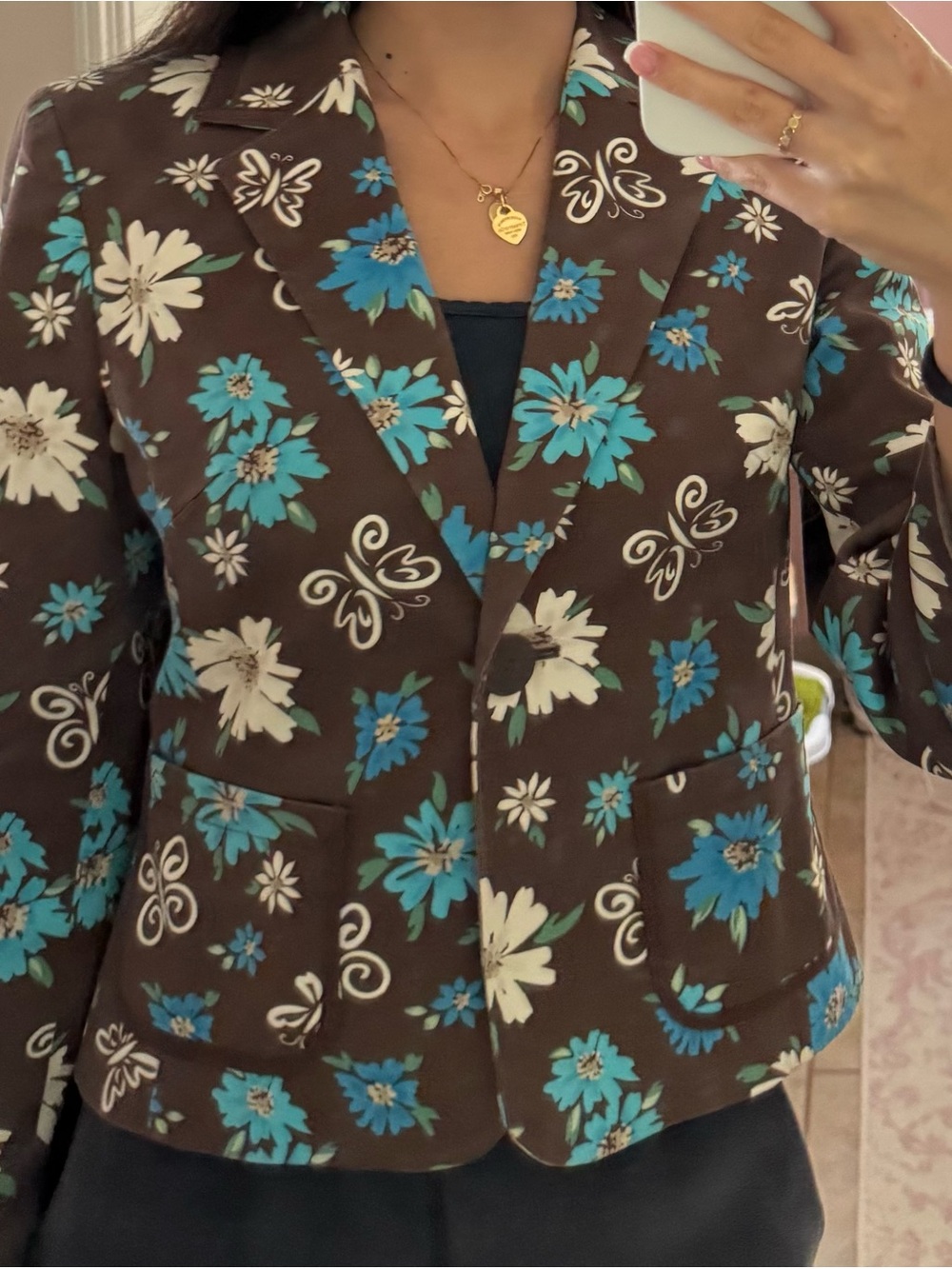 Petite Sophisticate Brown Blazer with Teal & Cream Floral Print